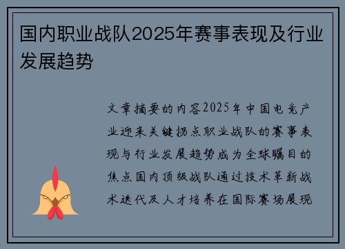 国内职业战队2025年赛事表现及行业发展趋势